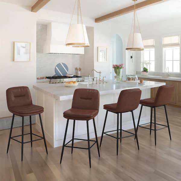 LUE BONA 26 in. Modern Metal Frame Dark Brown Faux Leather Upholstered Counter Stools with Footrest Set of 4