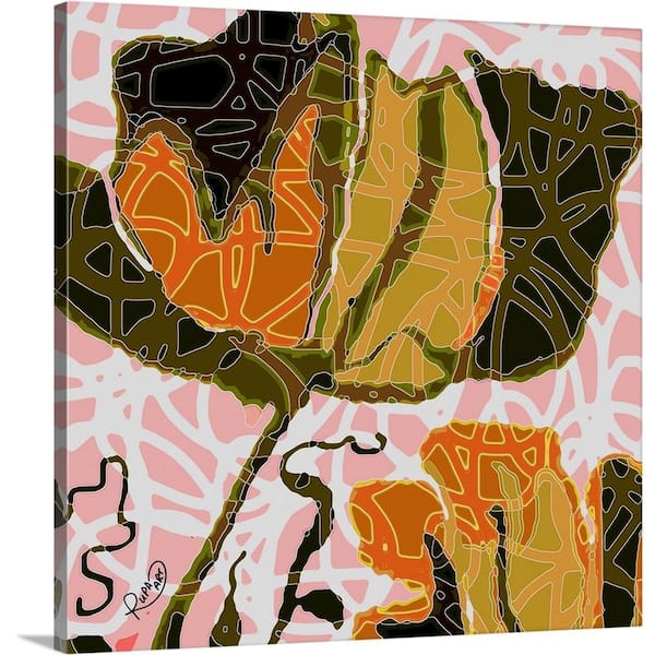 GreatBigCanvas 36 in. x 36 in. "Large Green And Orange Abstract Flower" by RUPA Art Canvas Wall Art