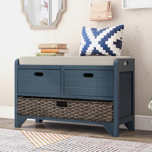 Neville 20 in. H x 32 in. W Navy Wood Shoe Storage Bench with Cushion, Removable Basket and Drawers