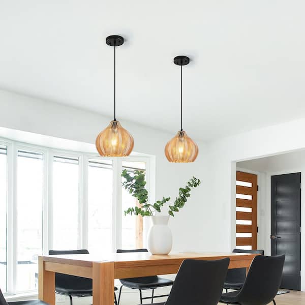 Home Lighting 60W 1-Light 10.43 in. Amber Glass Pendant-Black Finish, Height-Adjustable, for Bedrooms, Dining Rooms, etc