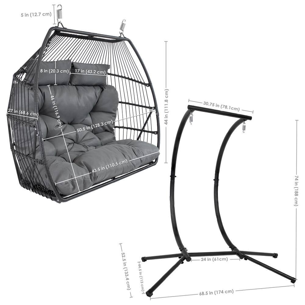 Dark Gray Double Egg Hanging Chair with Cushions and Steel Stand