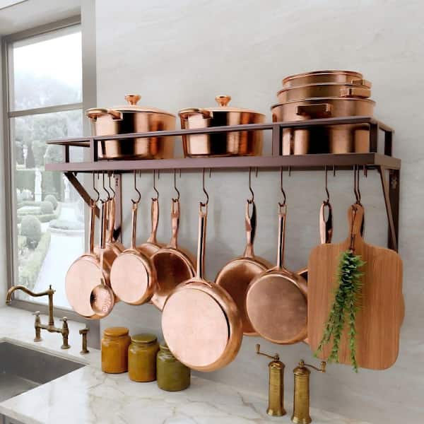 Oiled Bronze 30 in. Wall Mount Rectangular Pot Rack for Kitchen with 12-Hooks