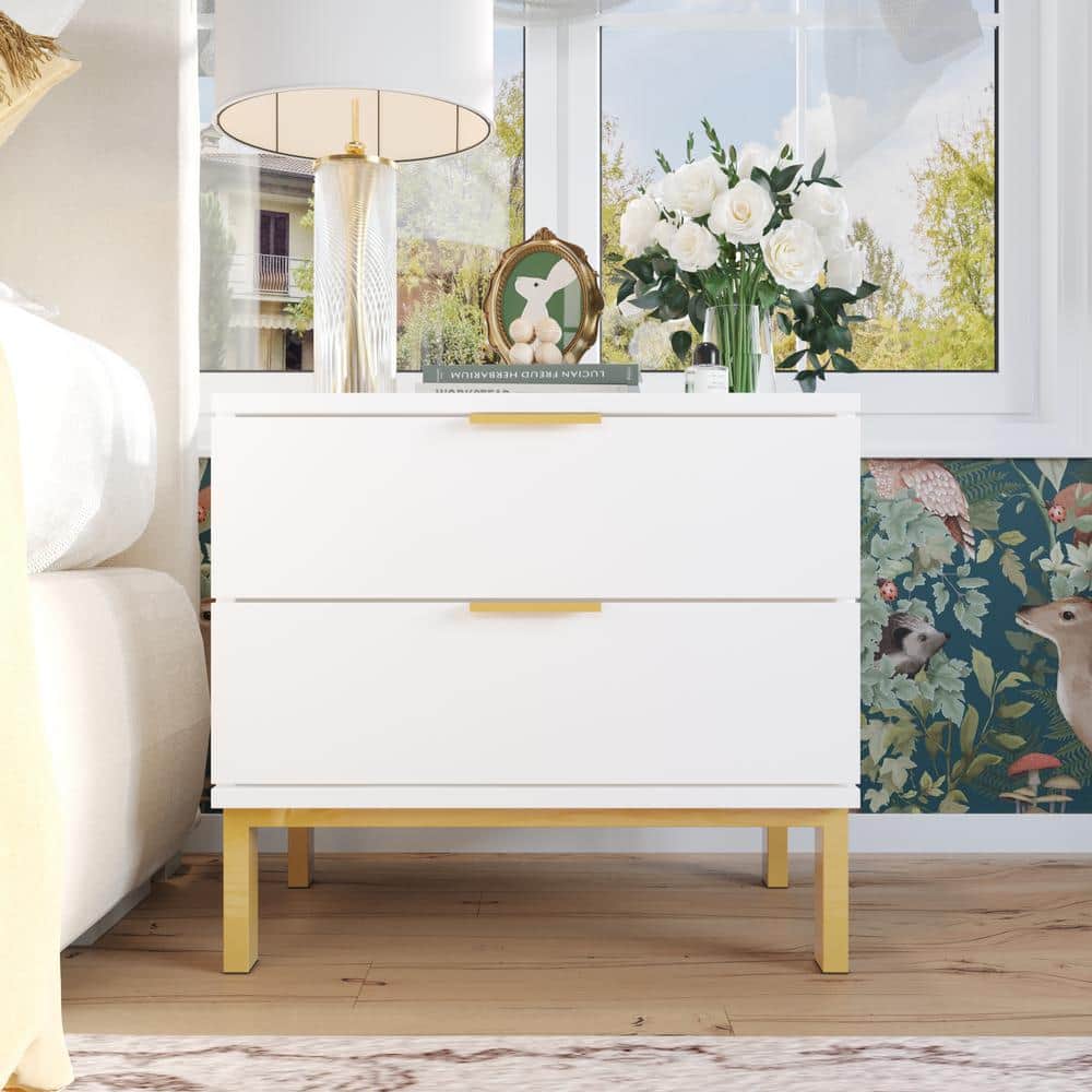 FUFU&GAGA 2-Drawer White Wooden Nightstand Bedside Table FUFU&GAGA 2-Drawer White Wooden Nightstand Bedside Table