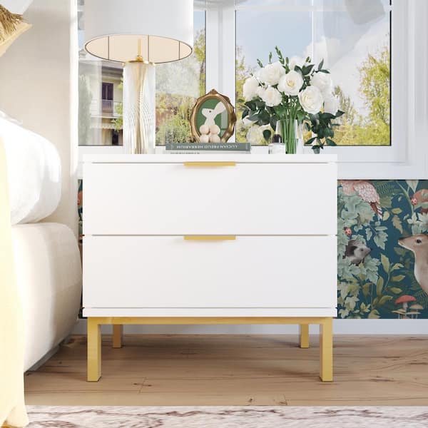 FUFU&GAGA 2-Drawer White Wooden Nightstand Bedside Table with 4-Gold Metal Legs 15.7 in. D x 19.7 in. W x 17.9 in. H
