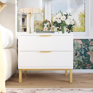 2-Drawer White Wooden Nightstand Bedside Table with 4-Gold Metal Legs 15.7 in. D x 19.7 in. W x 17.9 in. H