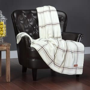 Fleece Flannel Cream Reversible Sherpa Plaid Throw Blanket, 50 in. x 65 in.