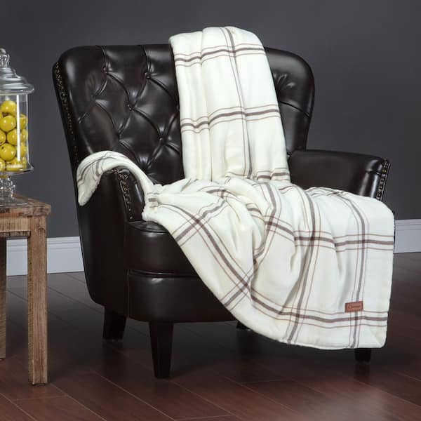 CHANASYA Fleece Flannel Cream Reversible Sherpa Plaid Throw Blanket, 50 in. x 65 in.