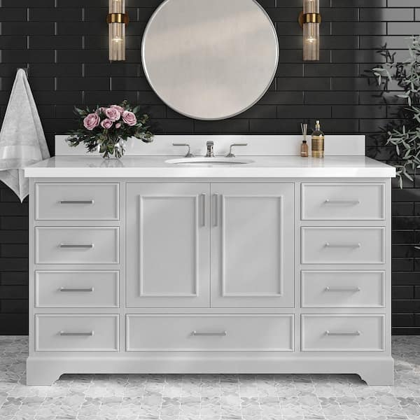 ARIEL Stafford 61 in. W x 22 in. D x 36 in. H Single Sink Freestanding Bath Vanity in Grey with Pure White Quartz Top