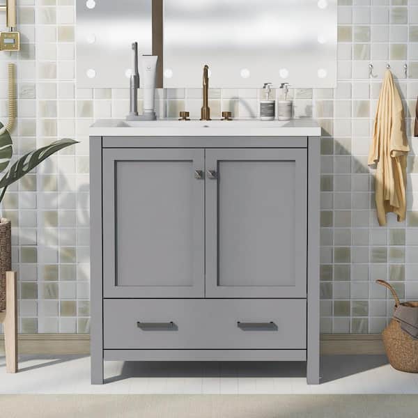 MYCASS 30 in. W x 18 in. D x 34 in. H Freestanding Bath Vanity in Grey with One White Sink Resin Top with 2 Doors and a Drawer