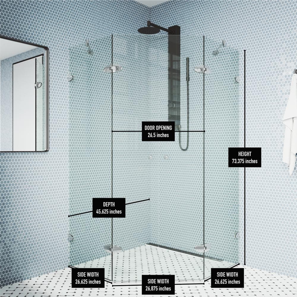 Gemini Frameless Neo-Angle Clear Glass Shower Enclosure with Brushed Nickel Hardware