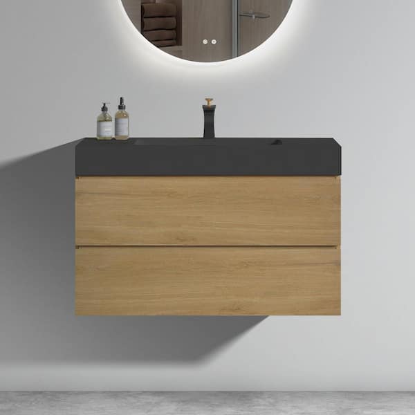 Staykiwi 35.8 in. W x 18 in. D x 25 in. H Single Sink Wall Mounted Bath Vanity in Light Oak with Black Solid Surface Top
