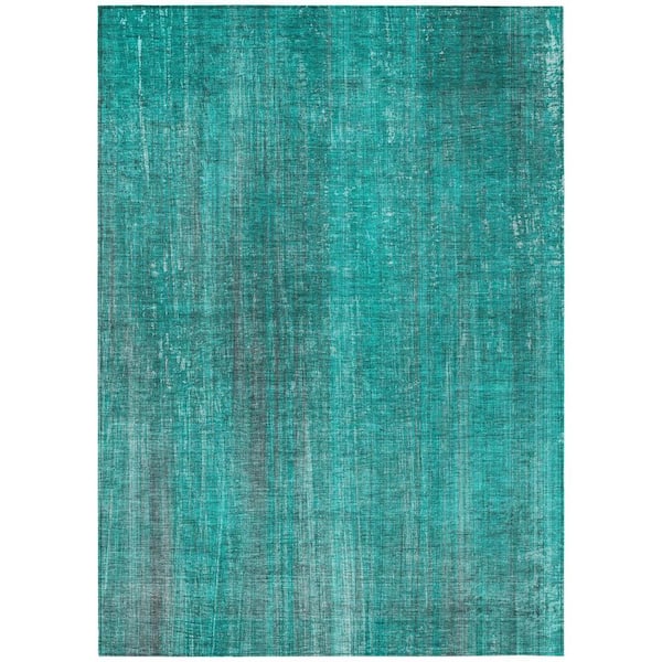 Teal 8 ft. x 10 ft. Woven Striped Rectangle Indoor/Outdoor Area Rug