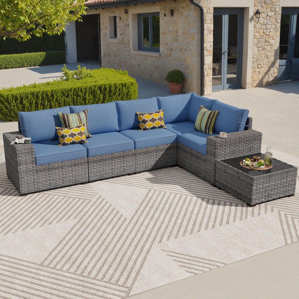 Bissty Gray 6-Piece Wicker Wide Arm Patio Conversation Set with Denim Blue Cushions price history on PriceWatchPro
