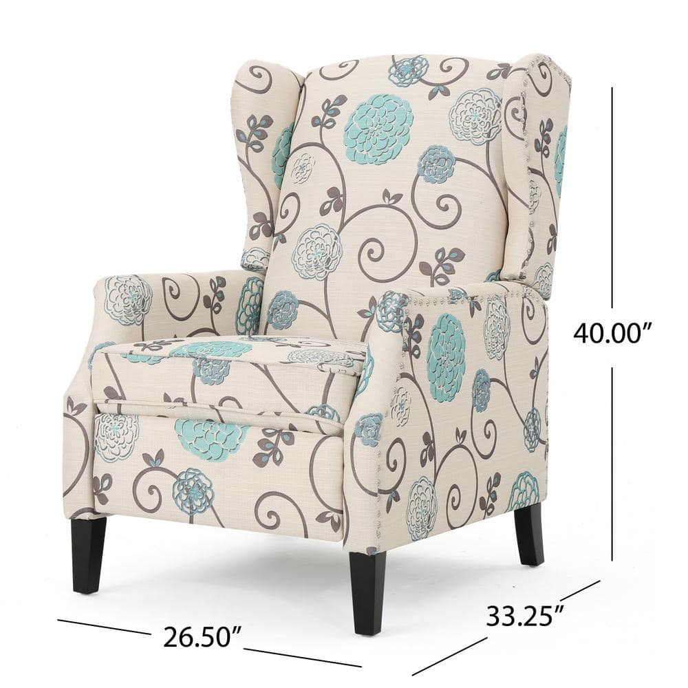 Handcrafted White Floral Polyester Recliner with Wingback Design