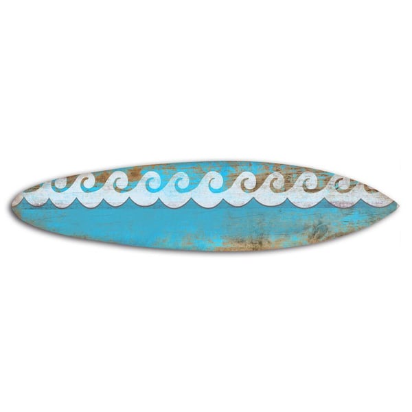Benjara 76 in. Blue Wooden Surfboard Wall Decorative Sign with Wave Prints