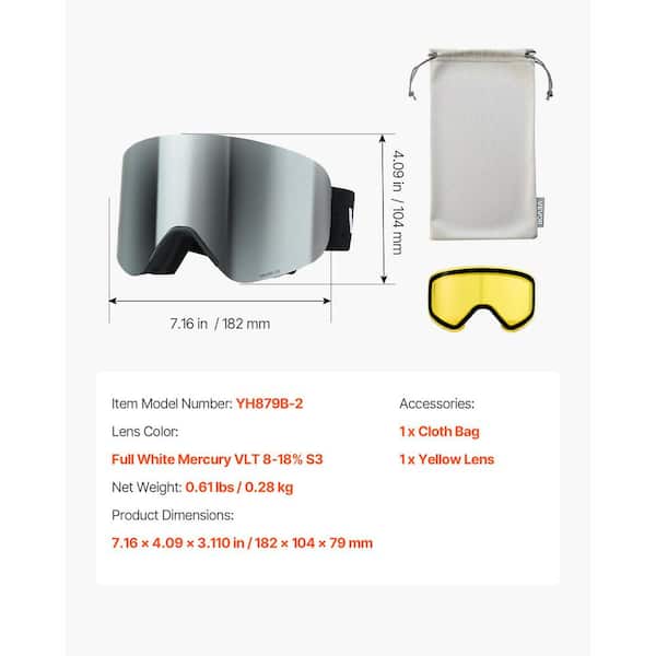 VEVOR Magnetic Cylindrical Ski Goggles, Frameless Silver Mirror