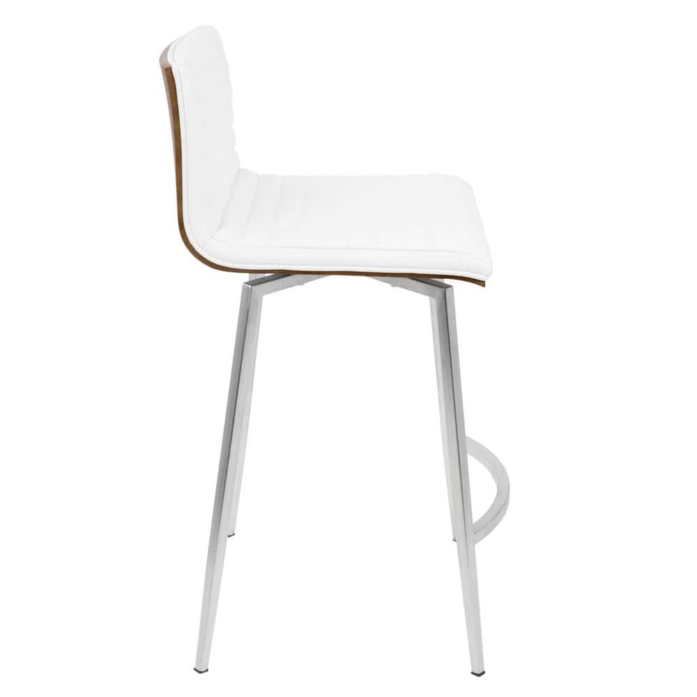 Set of 2 White Faux Leather Swivel Counter Stools with Walnut Wood and Stainless Steel