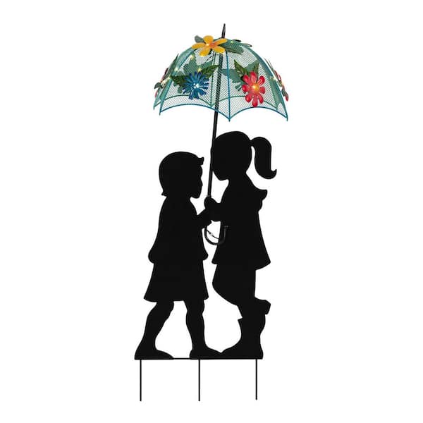 Alpine Corporation 39 in. Tall Outdoor Solar Powered LED Lights Girl and Boy Silhouette with Umbrella Yard Statue