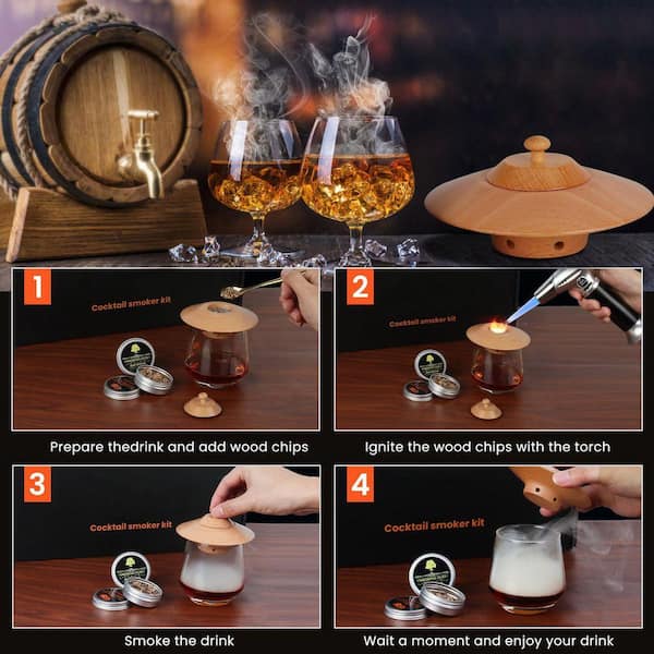 Lynzavix 6-Piece Black Wood Cocktail Smoker Kit with Torch and 6