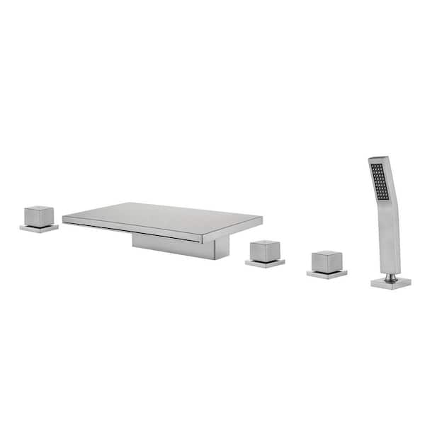 Unbranded 2-Handle Deck-Mount Roman Tub Faucet with Waterfall and Hand Shower in. Brushed Nickel