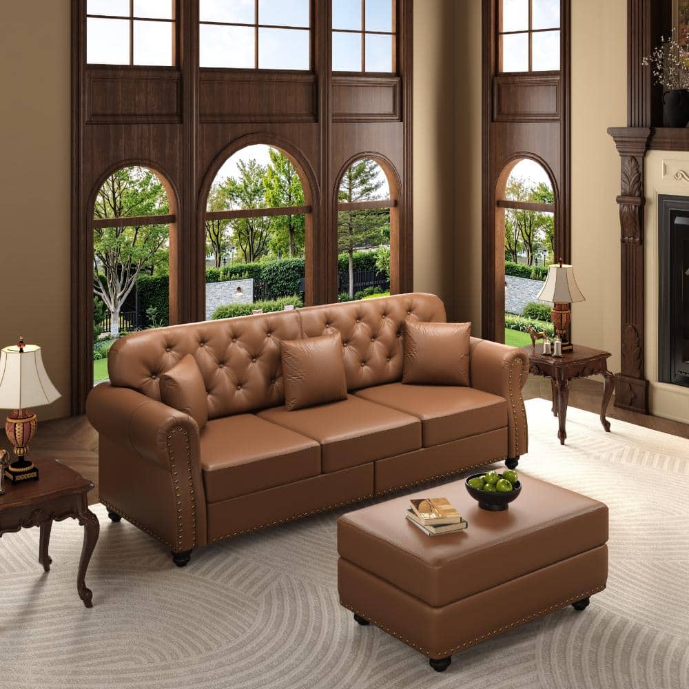 Brown 82.6 in. 3-Seater Upholstered Faux Leather Tufted Sofa with Nailhead Trim, 3 pillow and Ottoman price history on PriceWatchPro
