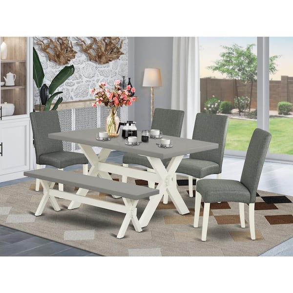 East West Furniture 6-Piece Rectangle Natural Oak Finish Solid Wood Top Dining Table with 1-Bench, 4-Chairs with Lattice Back