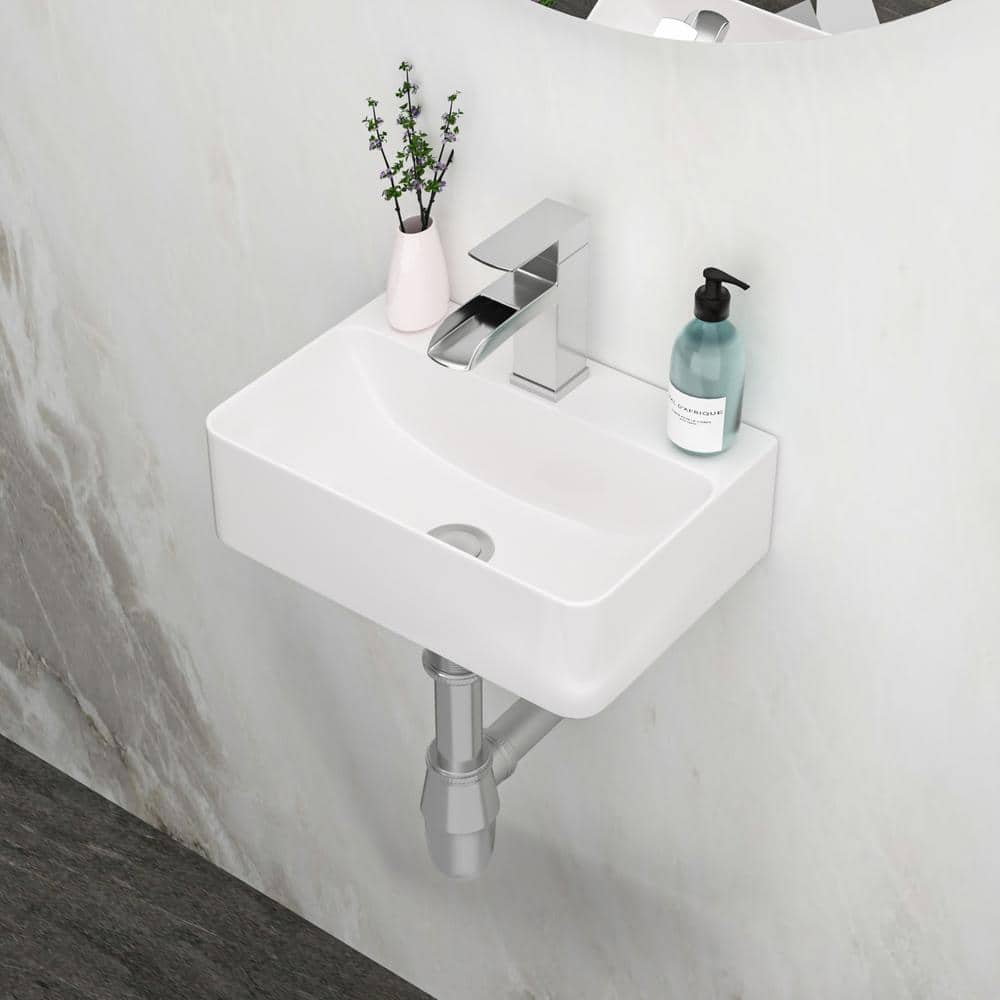 White Ceramic Rectangular Wall-Mount Bathroom Sink