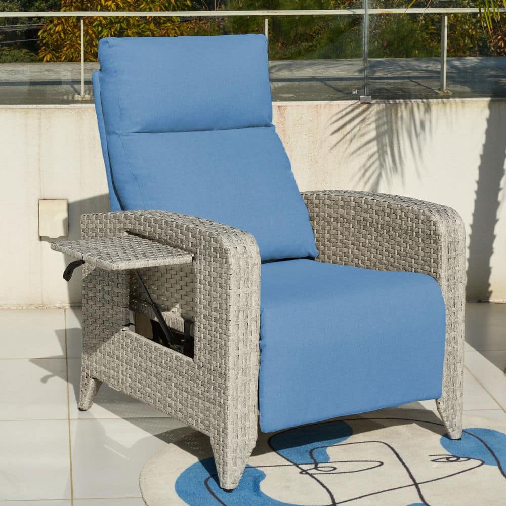 White Wicker Reclining Outdoor Chaise Lounge with Blue Cushions with Cup Holder price history on PriceWatchPro