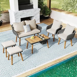 6-Piece PP Rope Woven Patio Conversation Deep Set with Cushions, Acacia Wood Table w/Ice Bucket, 2 Stools-Black Beige