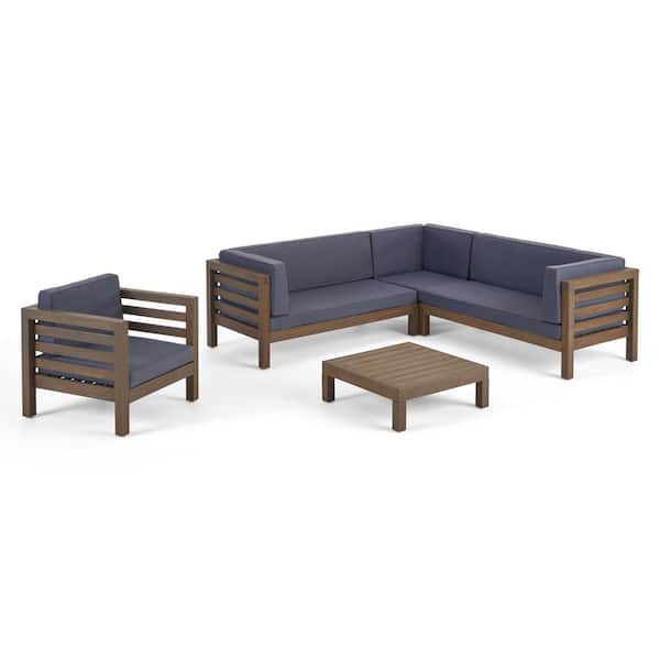Noble House Oana Grey 5-Piece Wood Outdoor Patio Conversation Sectional Seating Set with Dark Grey Cushions
