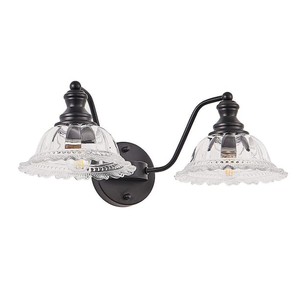 20 in. 2-Light Black Vintage Bathroom Vanity Light with Elegant Petal Glass Lampshade (Bulb Not Included)