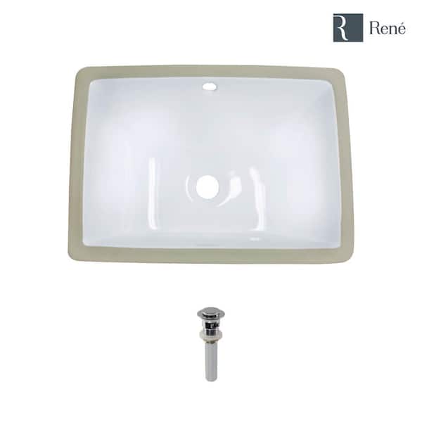 Rene 18.25 in. Undermount Bathroom Sink in White with Pop-Up Drain in Chrome