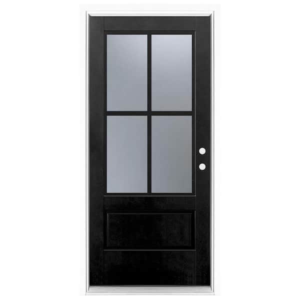 36 in. x 80 in. 3/4 Lite Left-Hand Inswing 4 Lite SDL Frosted Glass Finished Black Fiberglass Prehung Front Door