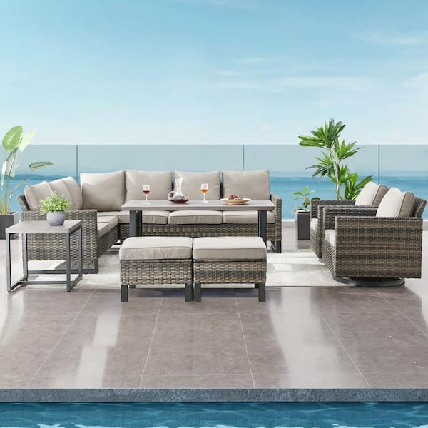 Gymojoy Valenta Gray 8-Pcs Wicker Patio Conversation Set with Beige Cushions
