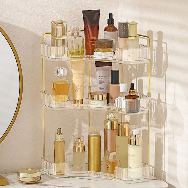 Wudkey Corner Bathroom Perfume Organizer, Bathroom Countertop Shelf Makeup Storage, Clear Perfume Tray Holder in White