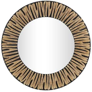 36 in. x 36 in. Handmade Abstract Carved Round Framed Gold Wall Mirror with Black Backing