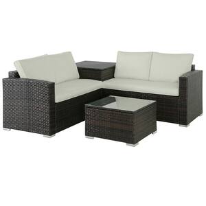4-Piece Brown Wicker Patio Conversation Sofa Set with Beige Cushions