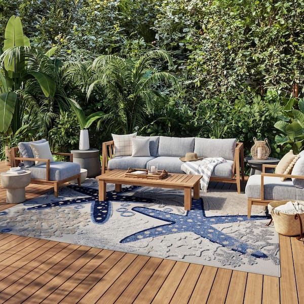 Aloha Blue/Gray 10 ft. x 13 ft. Nautical Contemporary Indoor/Outdoor Patio Area Rug