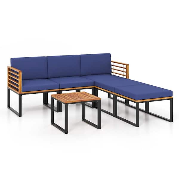 Gymax 6-Pieces Patio Conversation Sofa Set Acacia Wood Outdoor Furniture Set with Navy Cushions