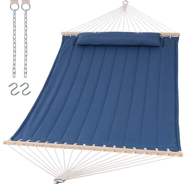 Angel Sar 475 lb. Capacity Extra Large Outdoor Portable Double Hammock with Hardwood Spreader Bar for Camping, Blue