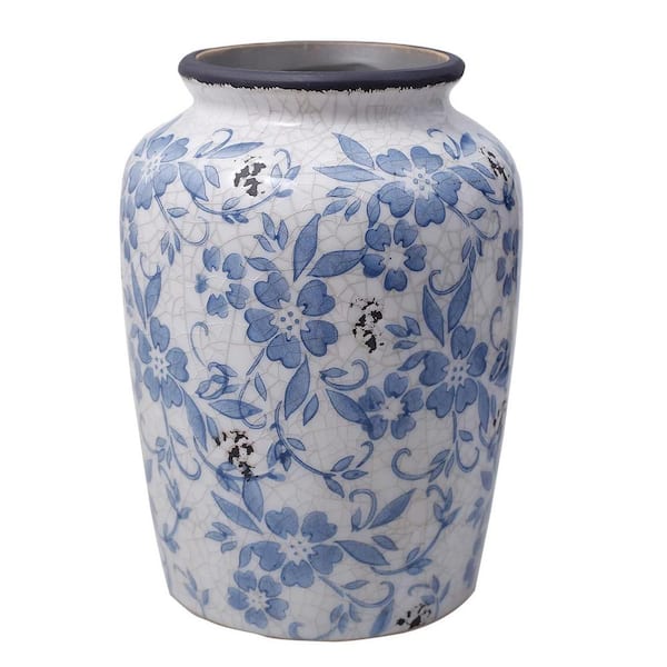 Unbranded Round Blue Vase Flower Ceramic Porcelain Vintage Chinoiserie Floral French 8 in. H