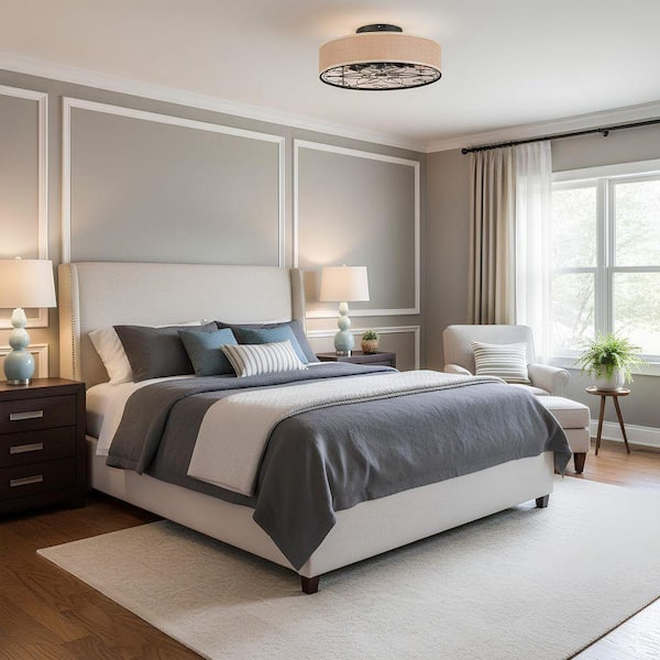 20 in. Flush Mount Black Ceiling Fan with Decorative Linen Hoop Clear Blade Included Remote Control, No Bulb Included