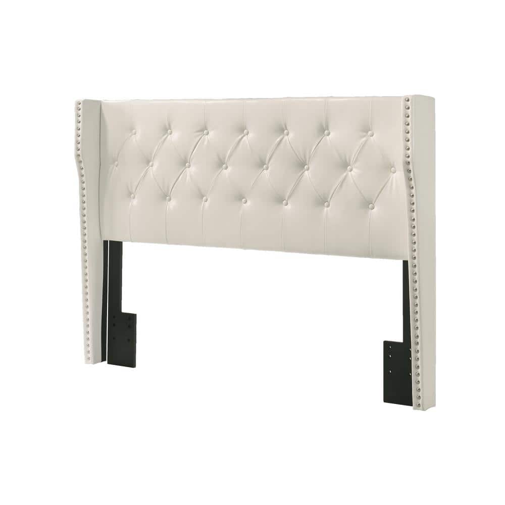 Chic Full-Size White Faux Leather Panel Bed with Tufted Headboard & Nailhead Trim