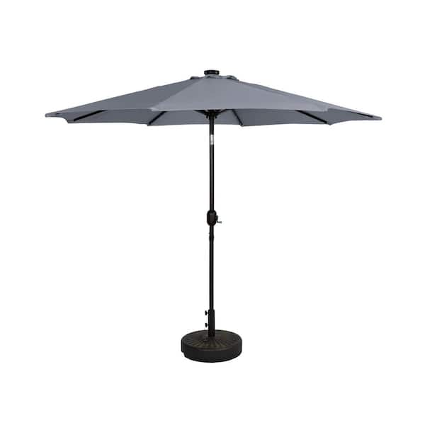 WESTIN OUTDOOR Marina Gray 9 ft. Market Solar Powered LED Lighted Tilt Patio Umbrella with Bronze Round Base Included