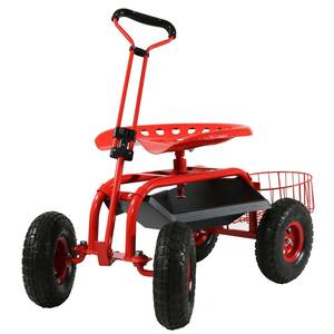 Red Steel Rolling Garden Cart with Steering Handle, Seat and Tray