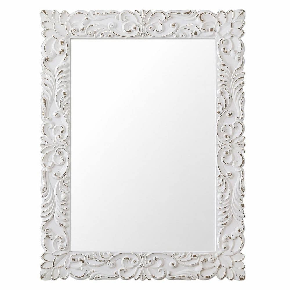 23 in. W x 31 in. H Distressed White Carved Wood Floral Framed Rectangle Bathroom Wall Mirror, French Country price history on PriceWatchPro