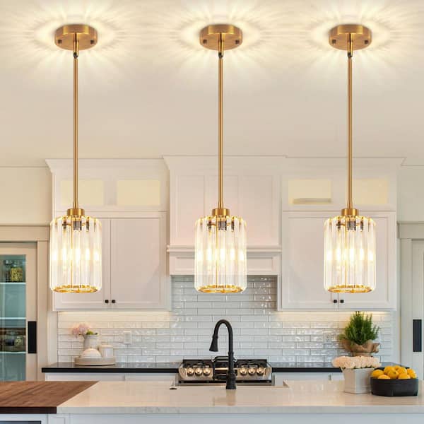1-Light Gold Modern Pendant Light with Crystal Glass Shades and Adjustable Height (3-Pieces)