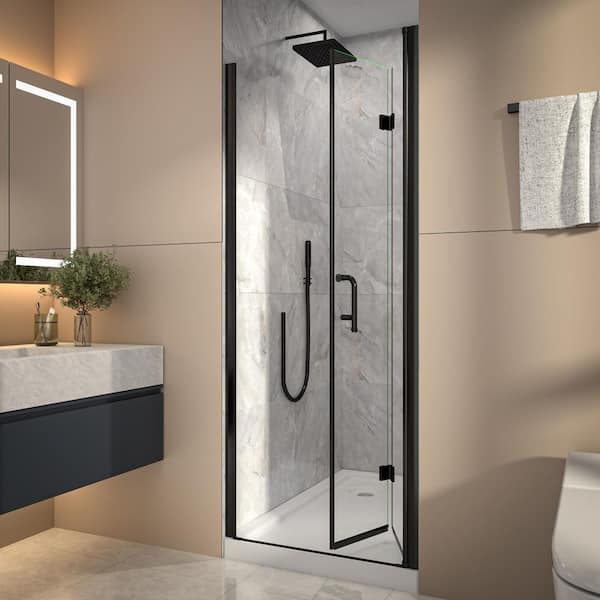 30-32 in. W x 72 in. H Bi-Fold Frameless Shower Door in Black with Clear Glass