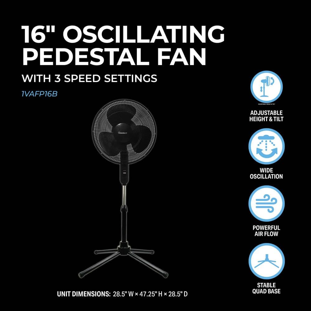 16-inch Black Adjustable Height Oscillating Pedestal Fan