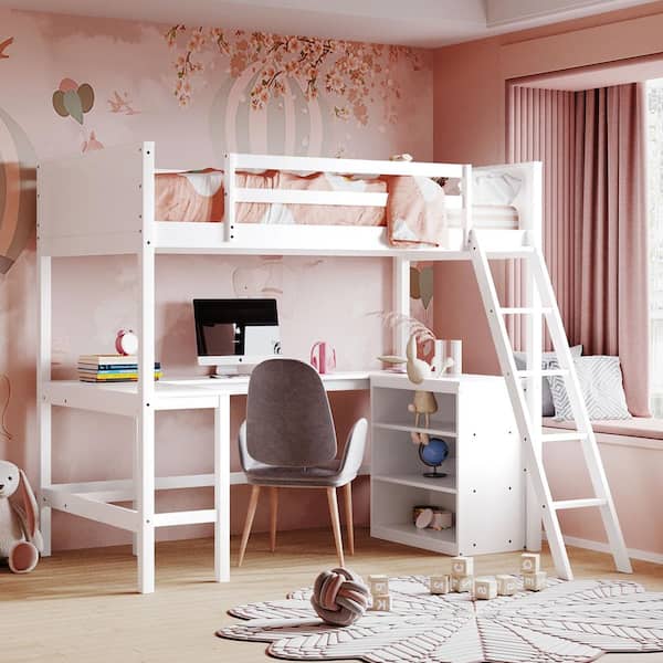 Polibi Twin size Loft Bed with Shelves and Desk, Wooden Loft Bed with Desk-White